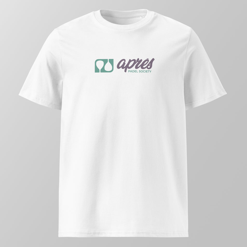 Front view of a white relaxed fit oversized unisex padel t-shirt with a horizontal green and purple 'Après Padel Society' logo on the chest.