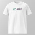 Front view of a white relaxed fit oversized unisex padel t-shirt with a horizontal green and purple 'Après Padel Society' logo on the chest.