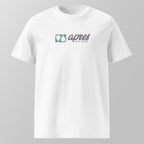 Front view of a white relaxed fit oversized unisex padel t-shirt with a horizontal green and purple 'Après Padel Society' logo on the chest.