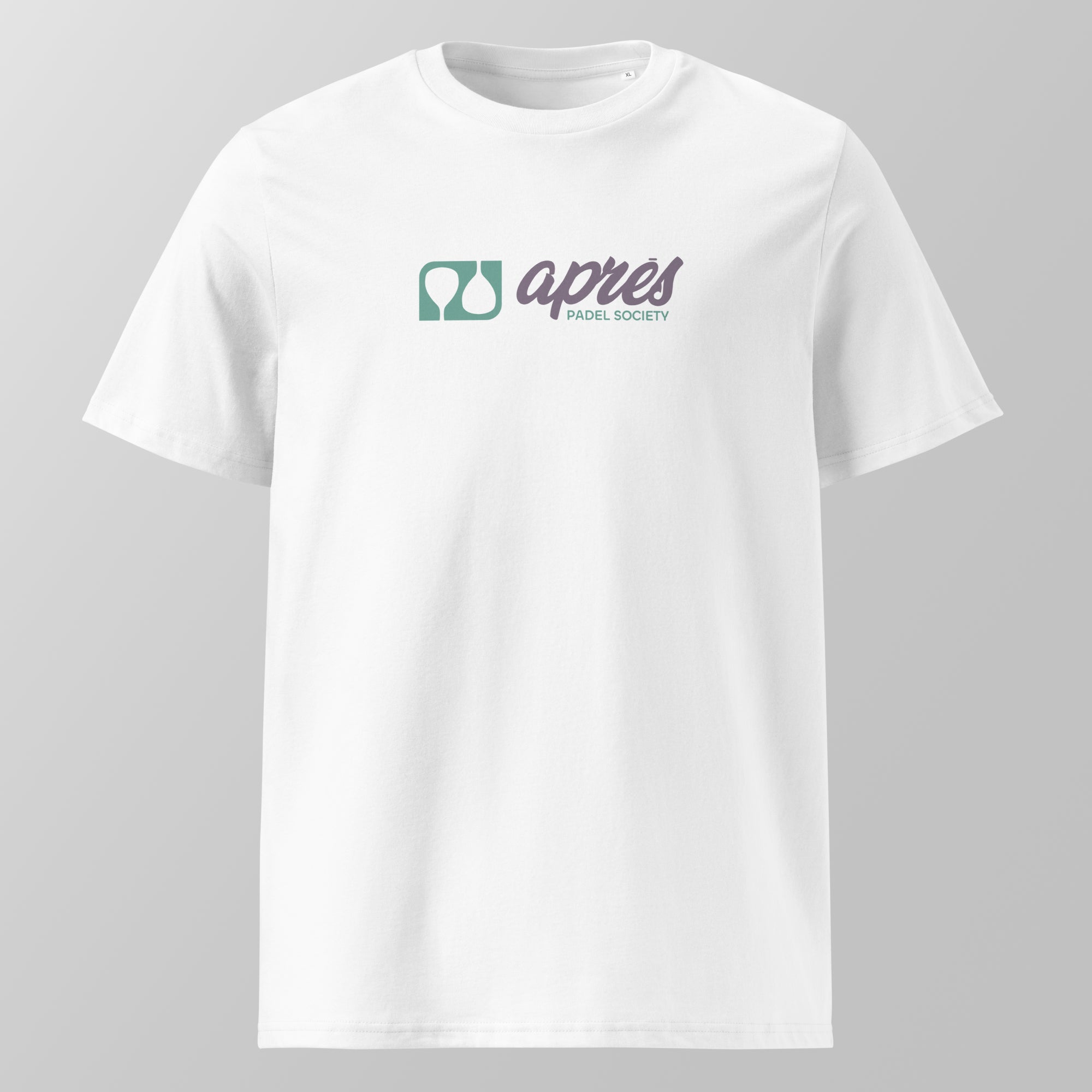 Front view of a white relaxed fit oversized unisex padel t-shirt with a horizontal green and purple 'Après Padel Society' logo on the chest.