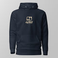 Front view of a navy blue padel hoodie featuring a tan 'Après Padel Society' logo on the chest.