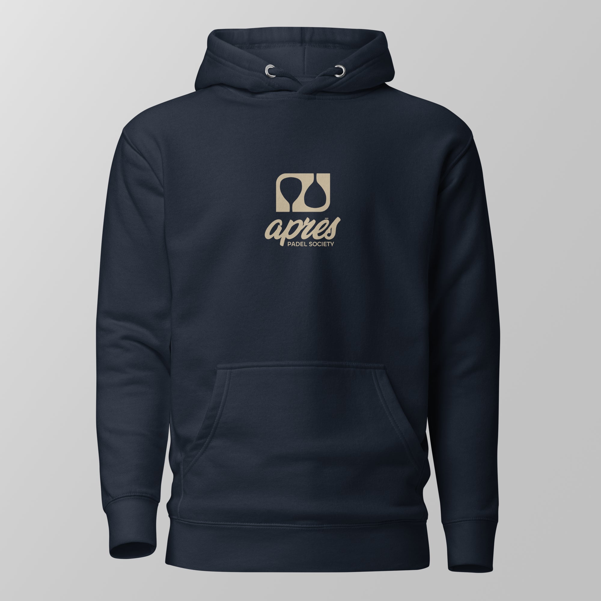 Front view of a navy blue padel hoodie featuring a tan 'Après Padel Society' logo on the chest.