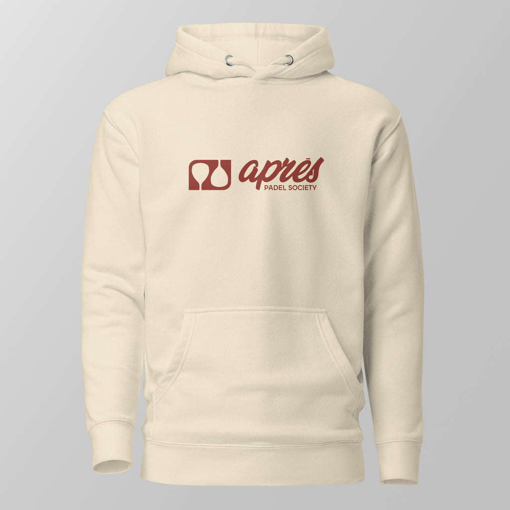 Front view of a cream padel hoodie featuring a red horizontal 'Après Padel Society' logo on the chest.