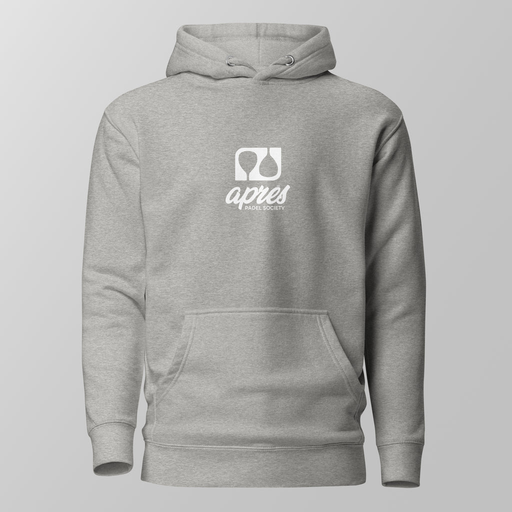 Front view of a heather grey padel hoodie featuring a white 'Après Padel Society' logo on the chest.