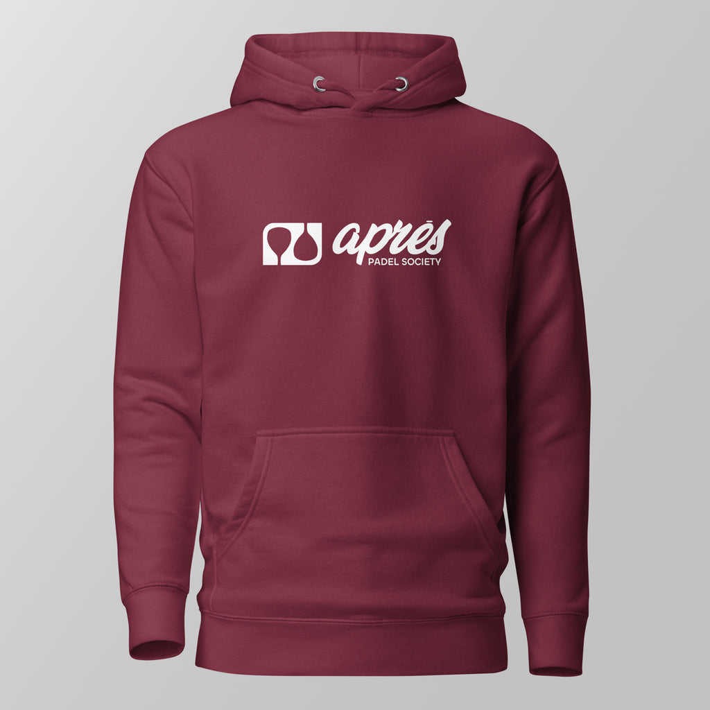 Front view of a maroon padel hoodie featuring a white horizontal 'Après Padel Society' logo on the chest.