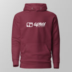 Front view of a maroon padel hoodie featuring a white horizontal 'Après Padel Society' logo on the chest.