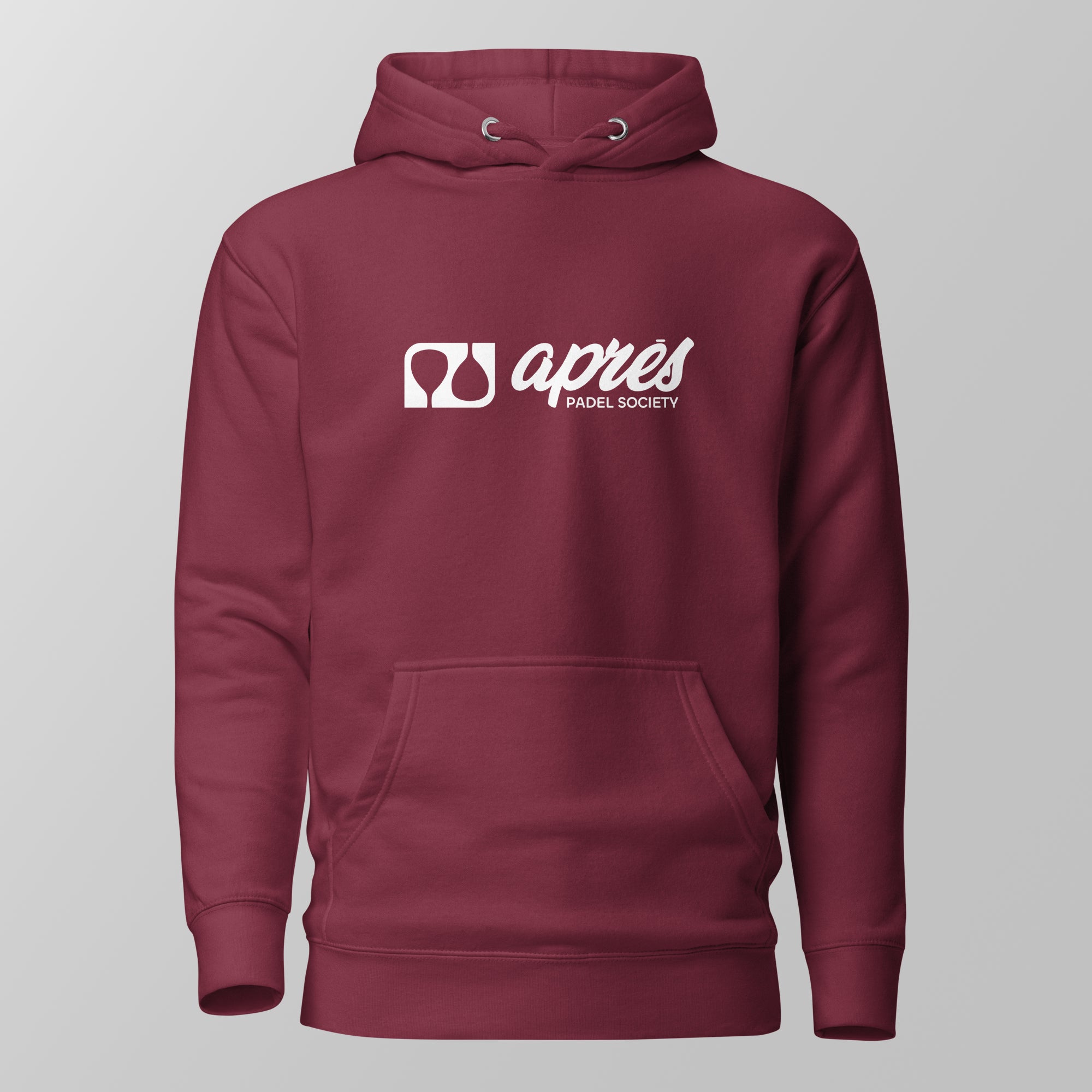 Front view of a maroon padel hoodie featuring a white horizontal 'Après Padel Society' logo on the chest.